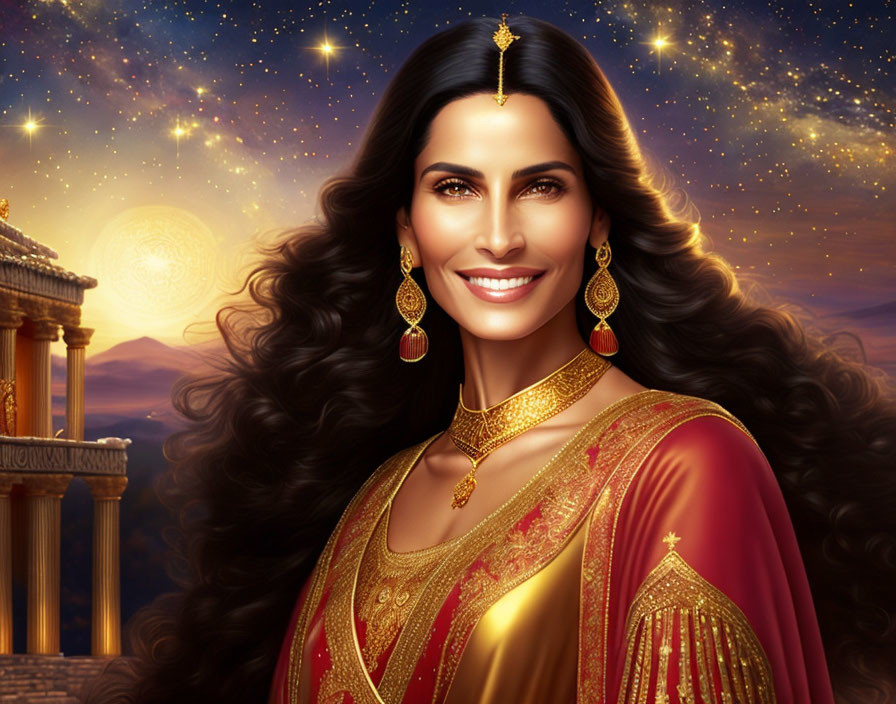 Smiling woman with long wavy hair in traditional outfit and earrings, against starry sky.