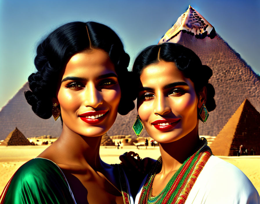 Traditional makeup women at pyramids in sunlight