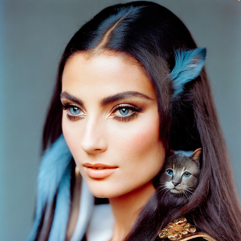 Woman with Unique Makeup and Gray Cat Peeking Behind Shoulder