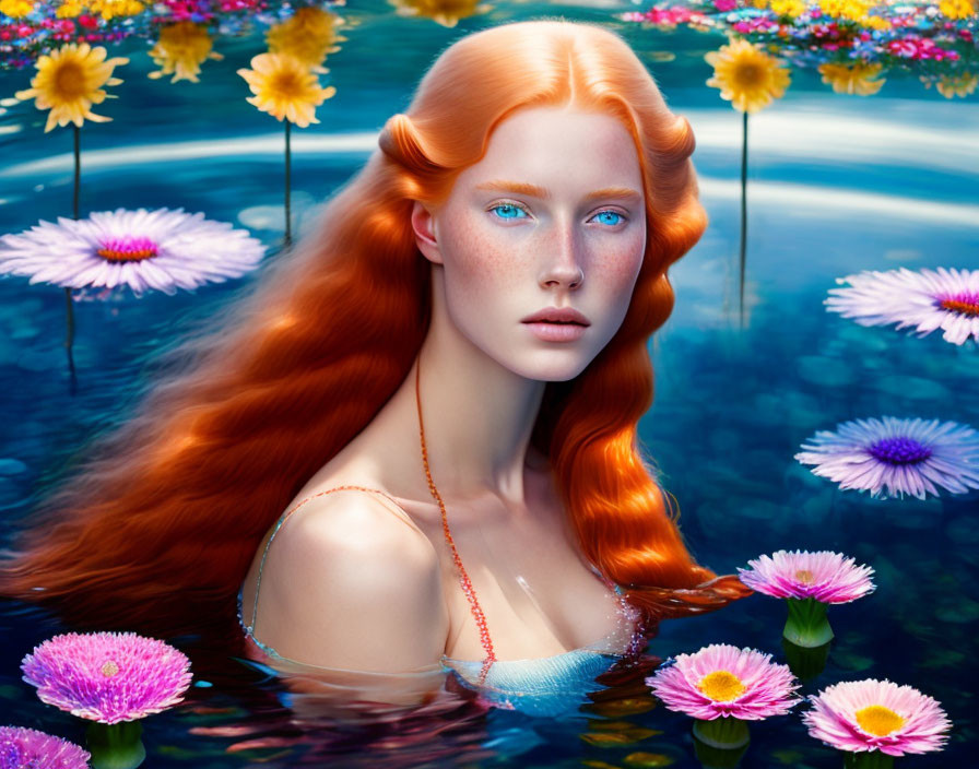 Surreal portrait: Woman with red hair and blue eyes in water with floating flowers