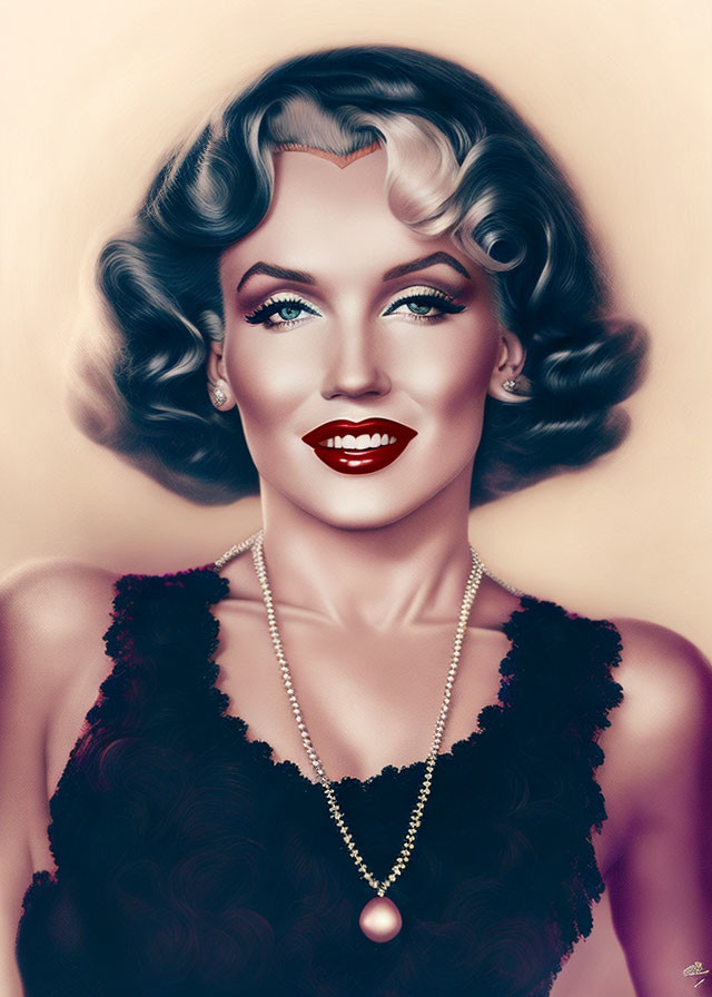 Classic Portrait of Woman with Wavy Hair and Red Lipstick