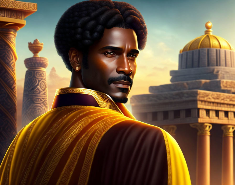 Regal man with beard and afro in golden robe against temple backdrop