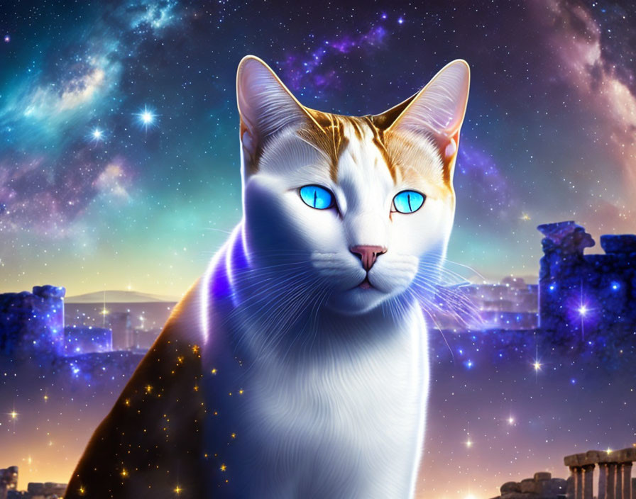 Majestic cosmic cat with blue eyes in starry night sky and ancient ruins