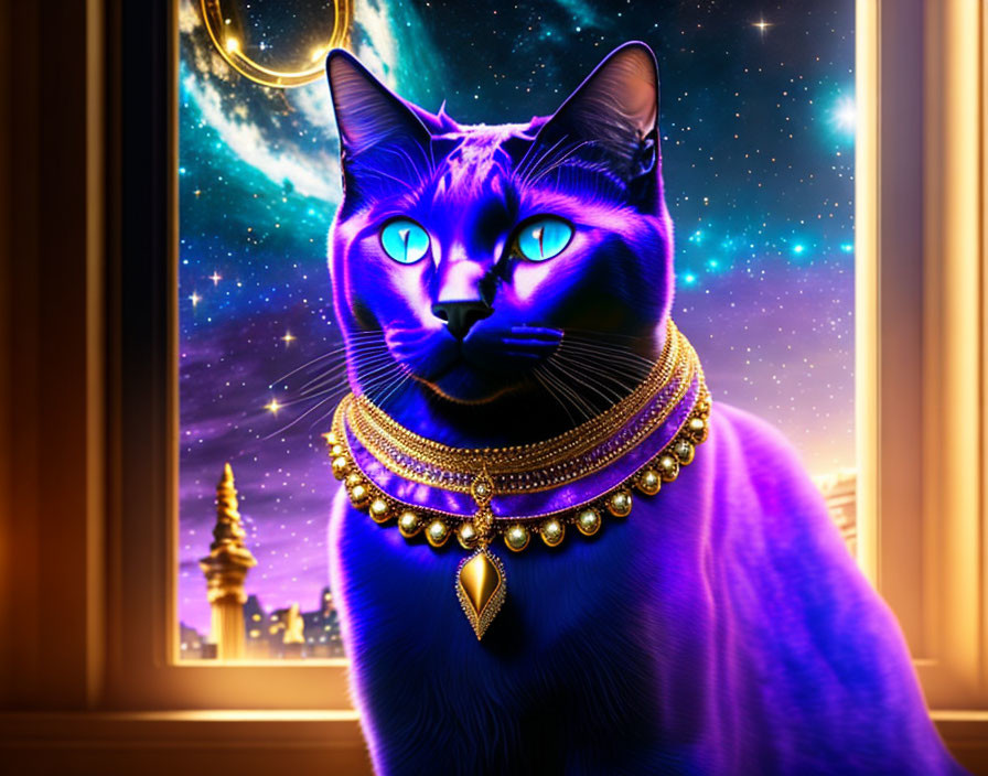 Blue Cat with Gold Jewelry by Window Overlooking Fantasy Cosmic Skyline