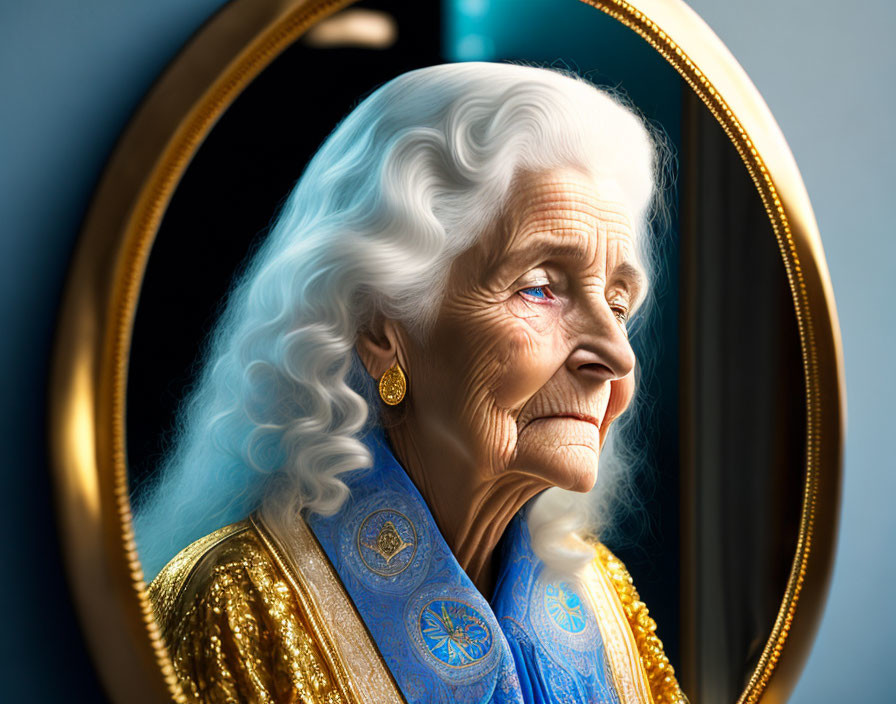 Elderly woman in blue and gold garment near mirror.