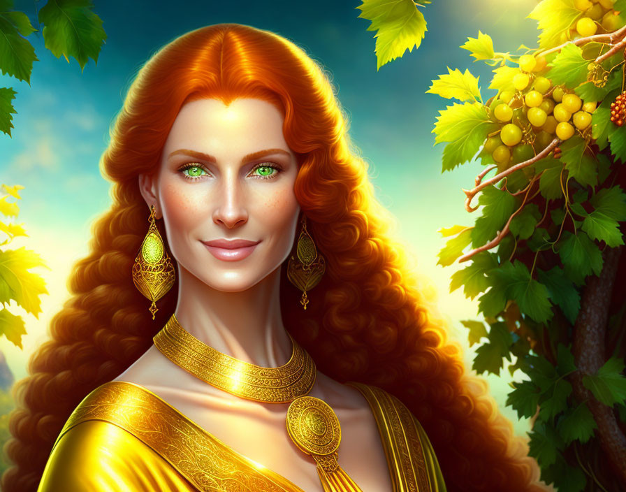 Digital illustration: Woman with red hair, green eyes, gold jewelry, surrounded by grapevines.