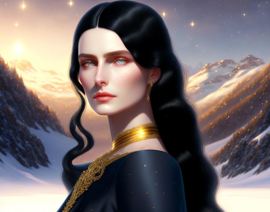 Digital portrait of woman with long black hair and blue eyes in dark dress against snowy mountain at dusk