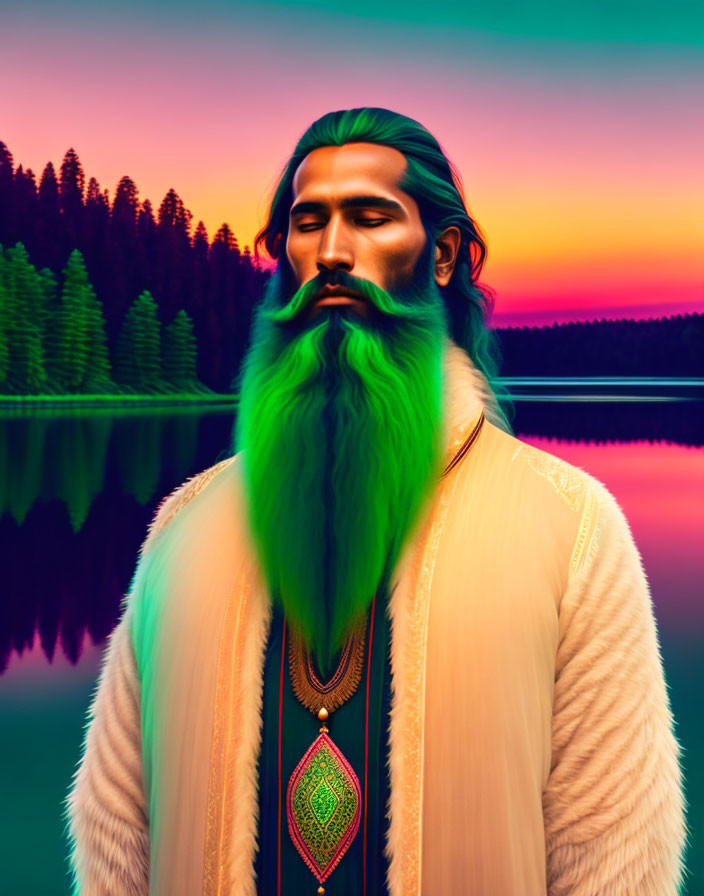 Man with Long Green Beard in Traditional Attire Against Vibrant Sunset