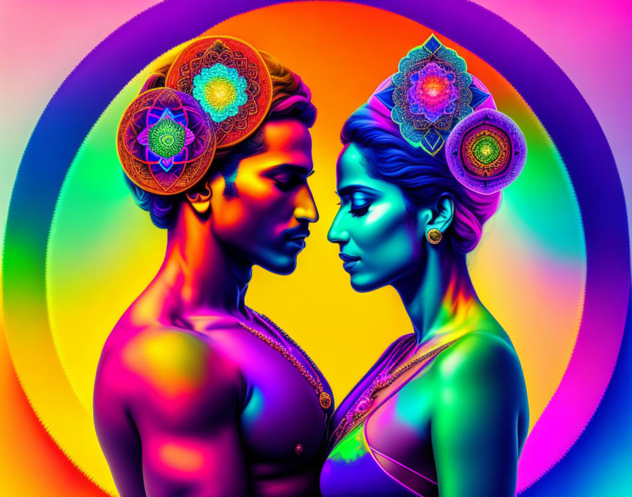 Colorful portrait of man and woman with mandala patterns on psychedelic rainbow background