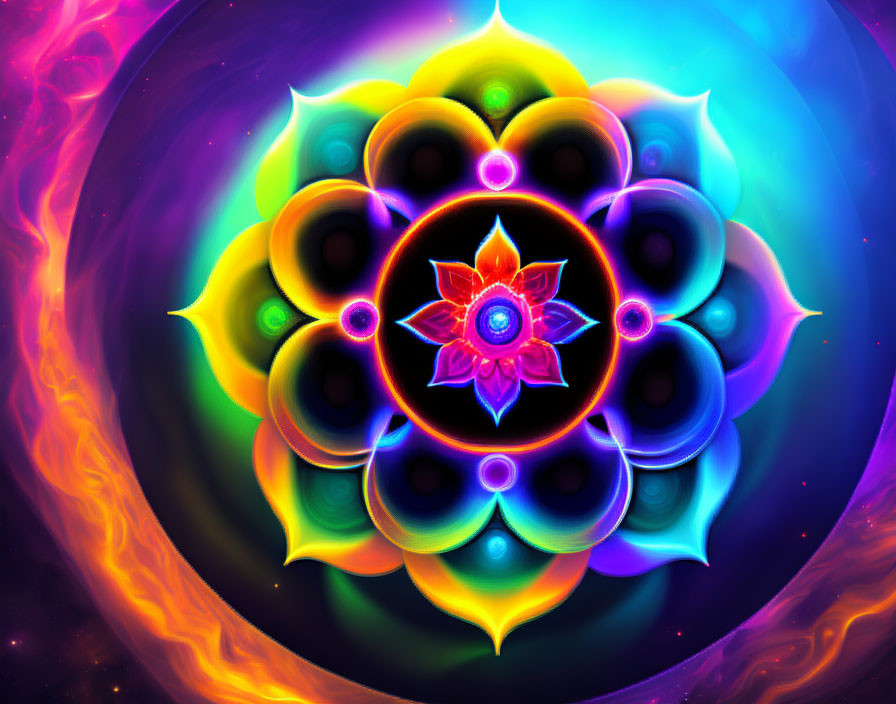 Colorful psychedelic mandala with neon floral patterns on cosmic backdrop