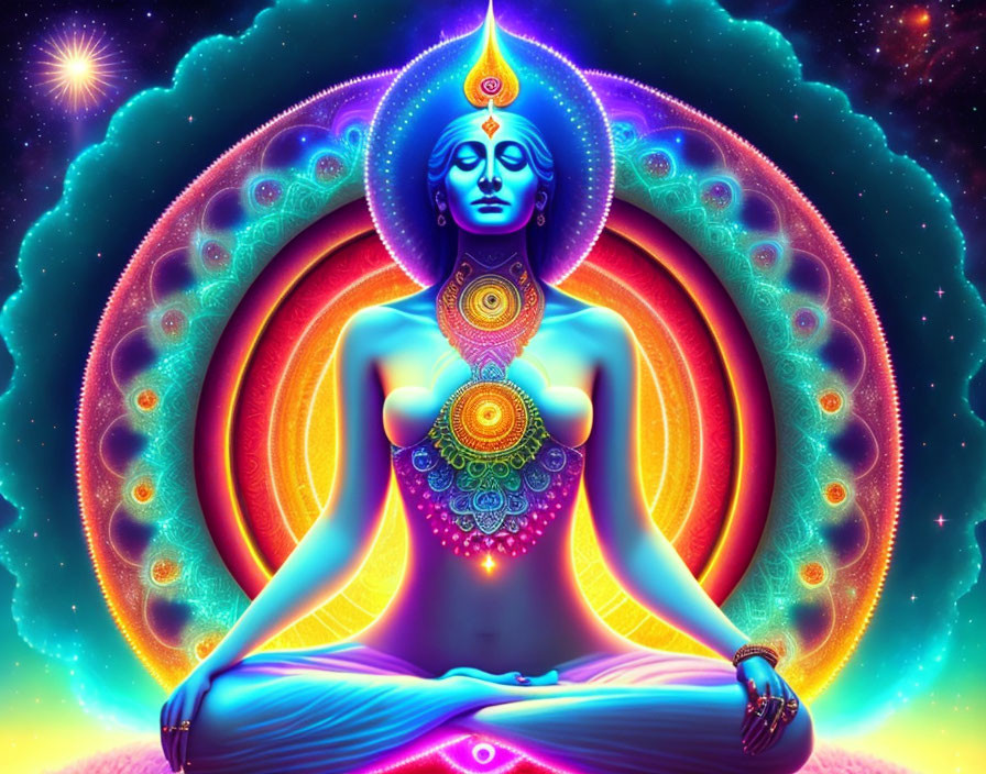 Colorful Meditating Figure with Chakra Symbols and Glowing Aura in Cosmic Setting