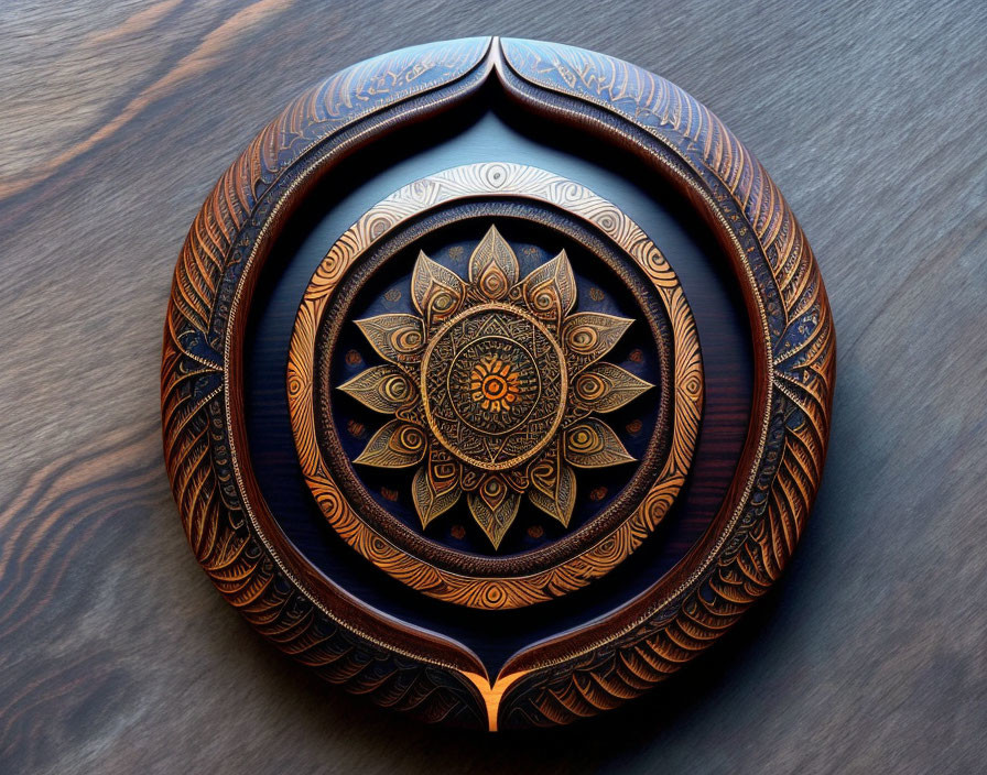 Circular Wooden Mandala with Symmetrical Floral Design on Dark Surface