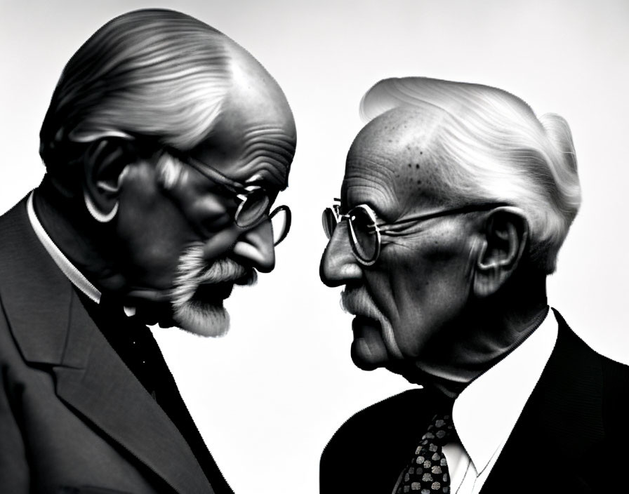 Elderly distinguished men with glasses, one bearded and one bald, in monochrome profile.