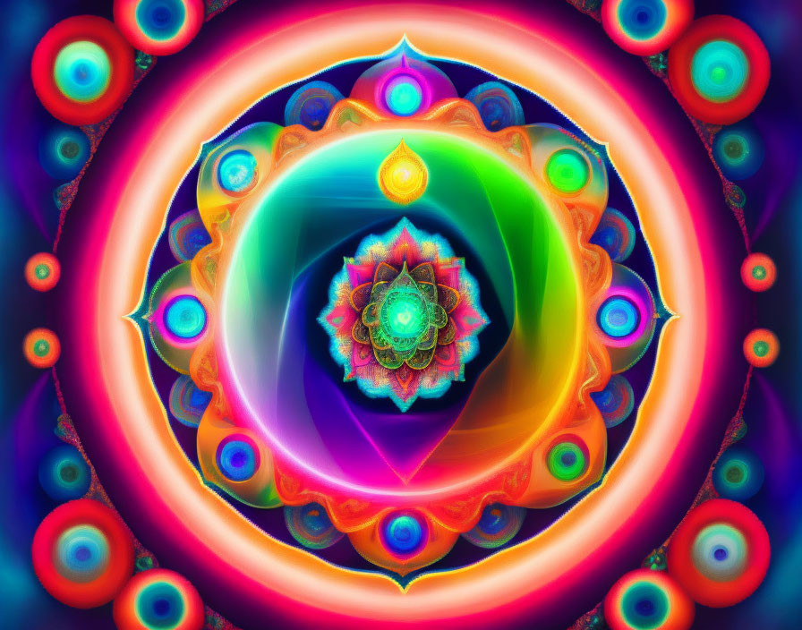 Colorful Mandala Artwork with Symmetrical Patterns and Glowing Orbs