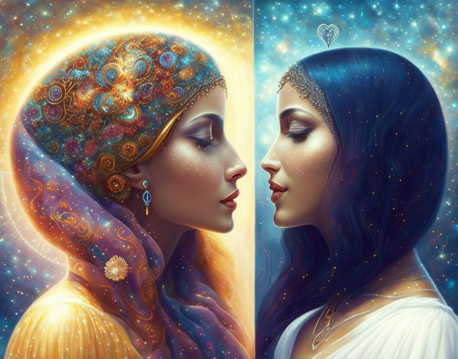 Women in ornate headpieces against starry background with cosmic connection.