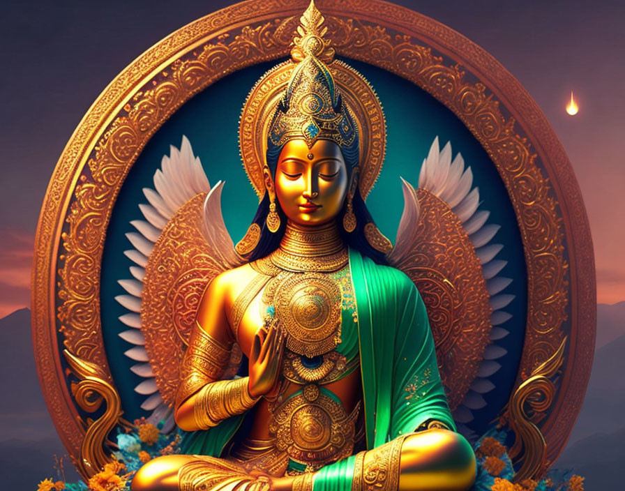 Detailed illustration of serene four-armed deity with gold jewelry, halo, feathers.