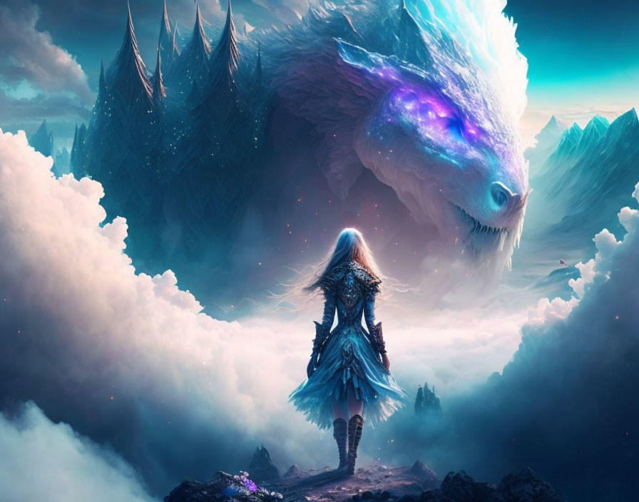 Mysterious figure with ethereal dragon in mountainous twilight scene