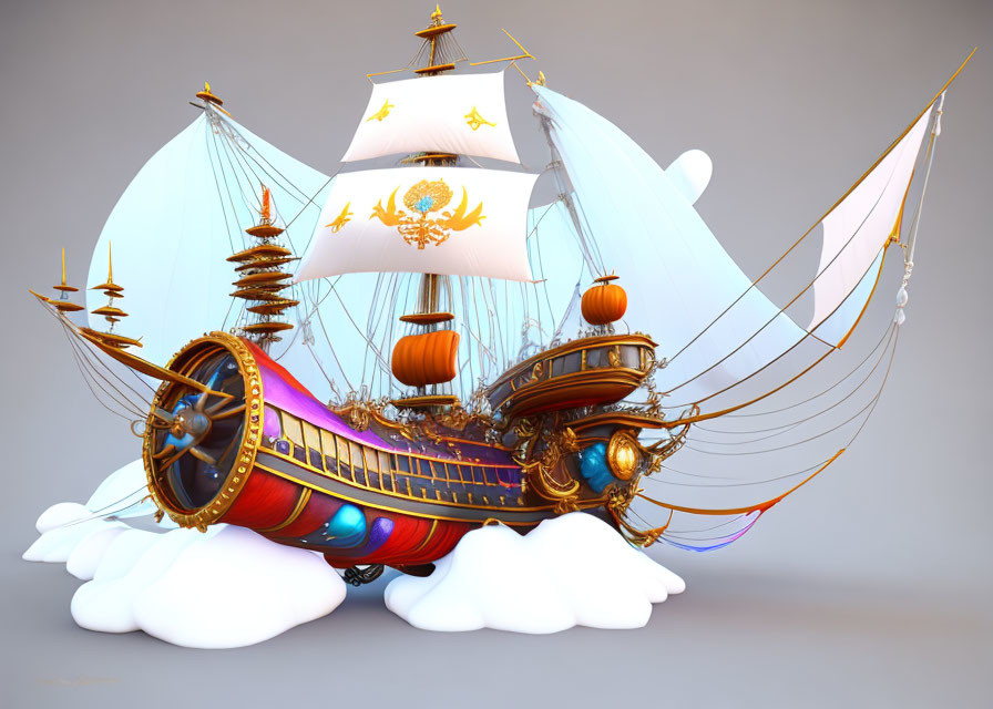 Fantastical ship with vibrant sails and ornate gold detailing