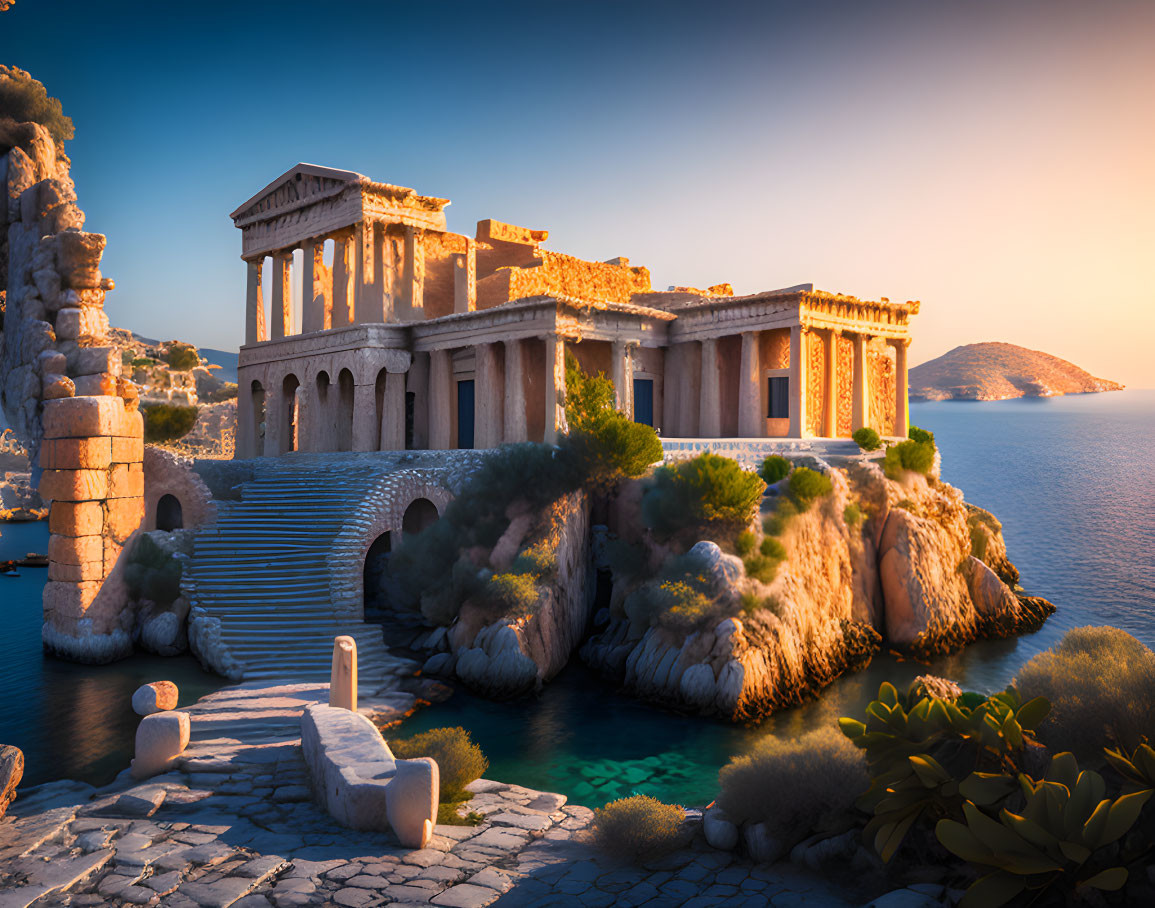 Ancient Greek temple on coastal cliff at sunset