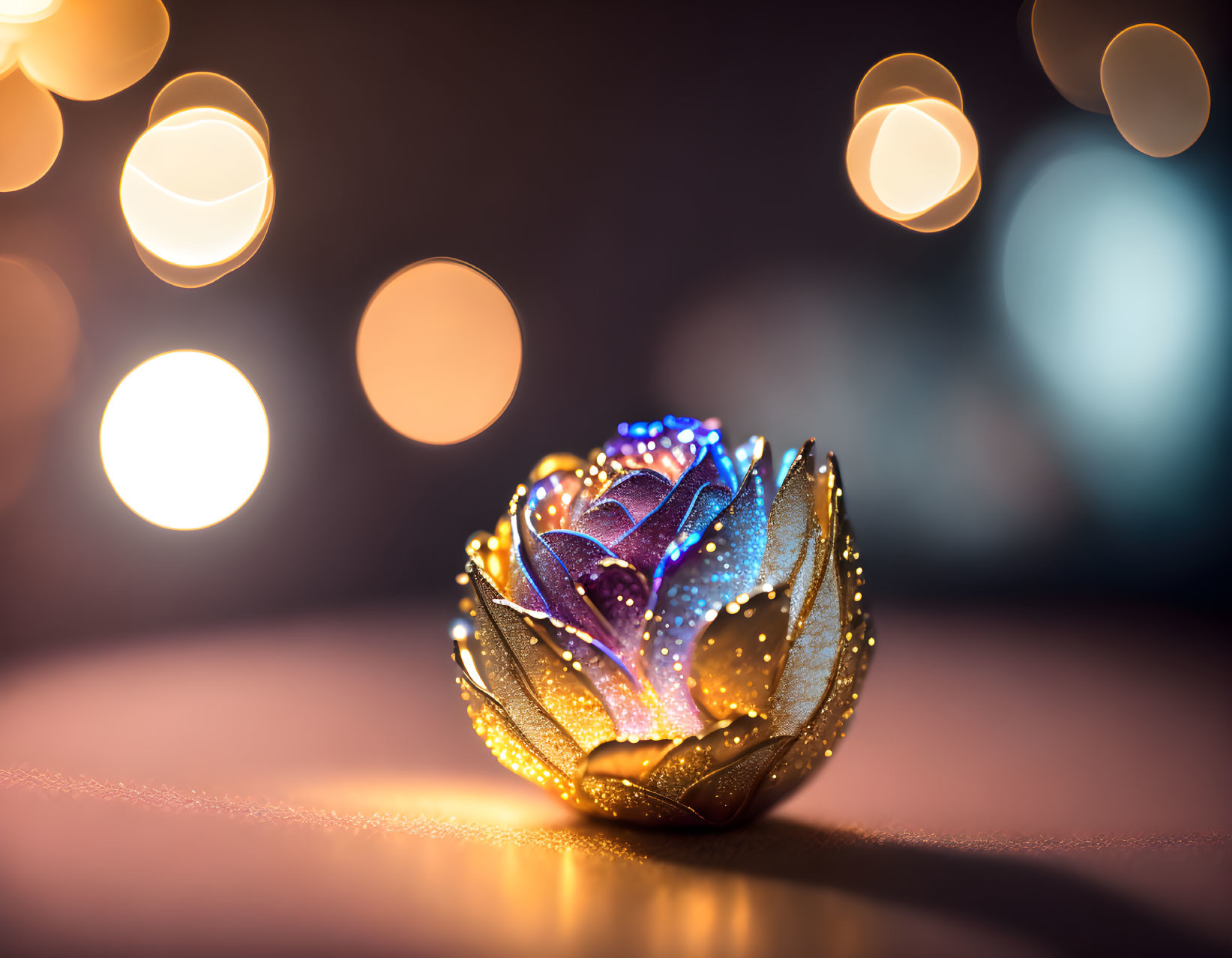 Illuminated lotus flower with glittering petals on bokeh light background