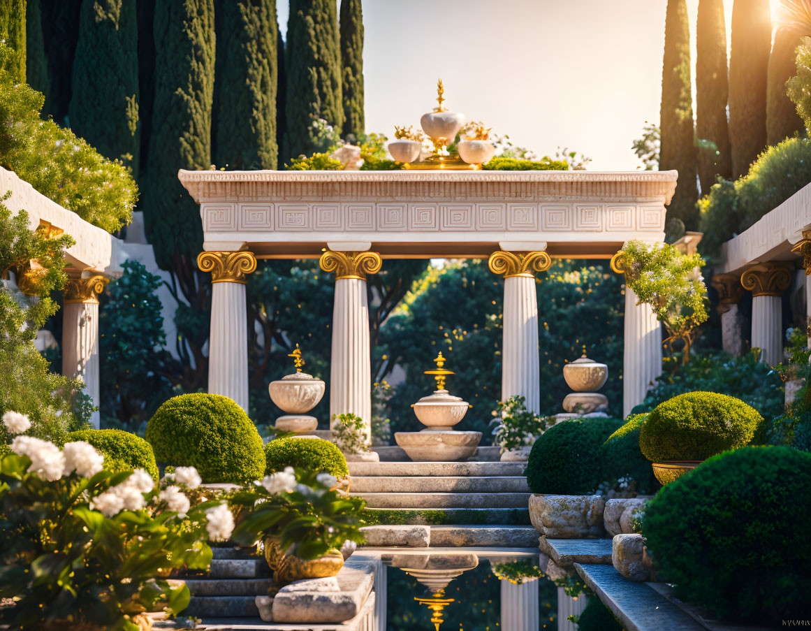 Classical garden with pillars, topiary bushes, and water feature at sunset