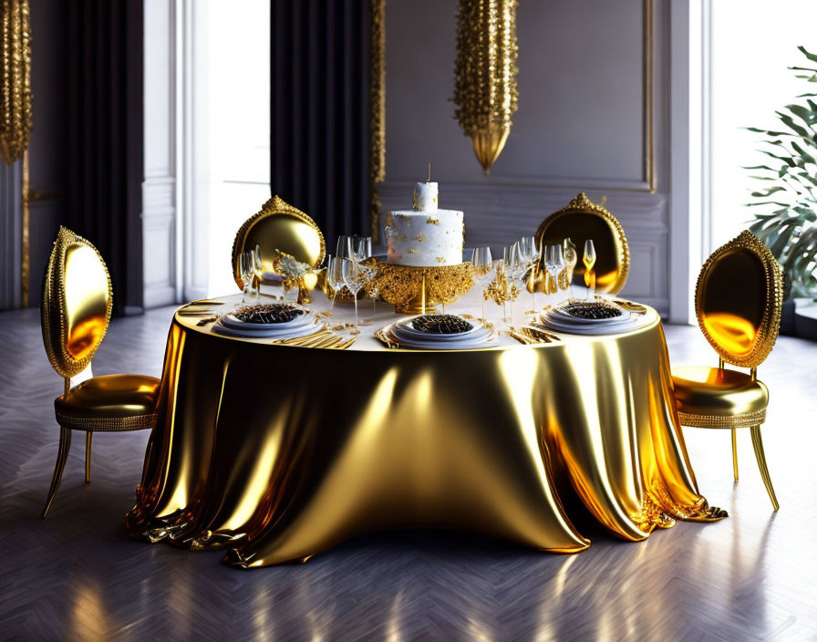 Luxurious Dining Setting with Golden Tablecloth and White Cake