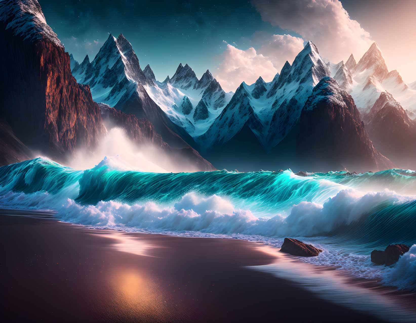 Tranquil beach scene with blue waves and snowy mountains