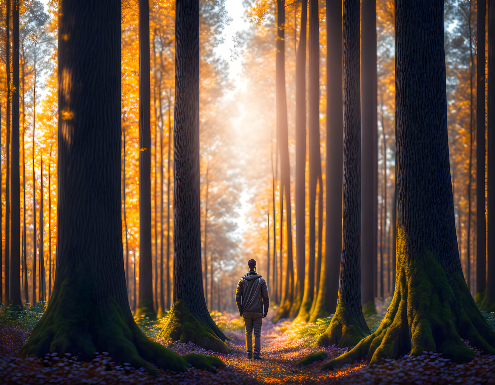 Autumn forest scene with person under sun rays