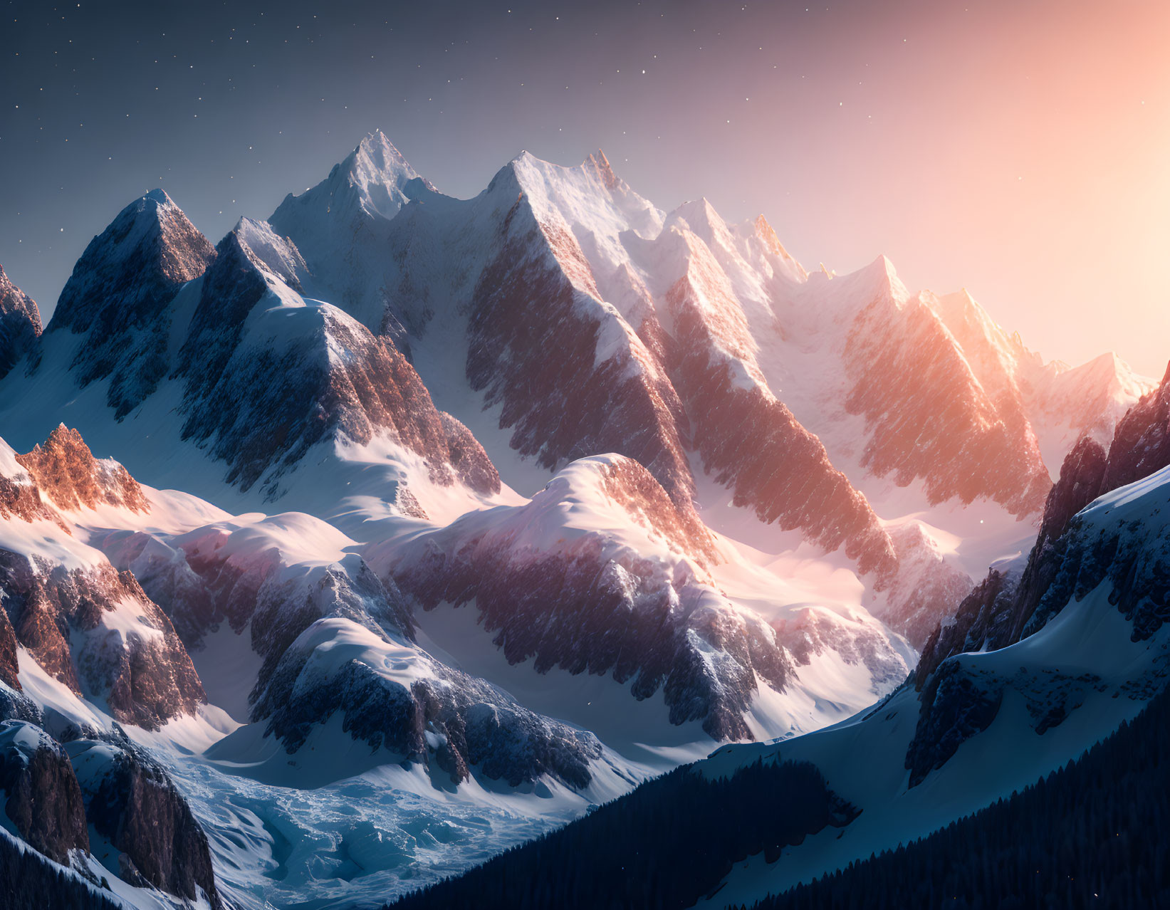 Snow-covered mountain range at sunset with glowing peaks and emerging stars