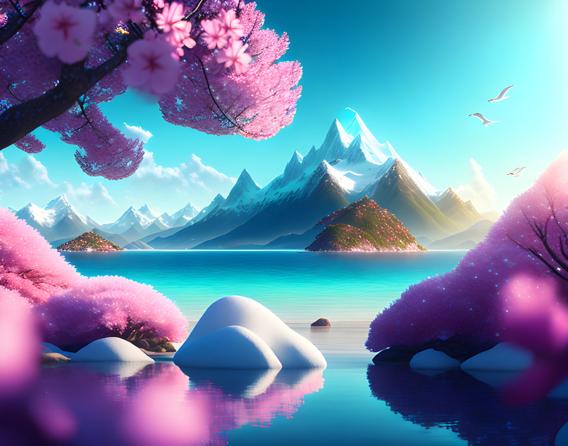 Tranquil cherry blossoms, serene lake, snowy mountains, birds in clear blue sky