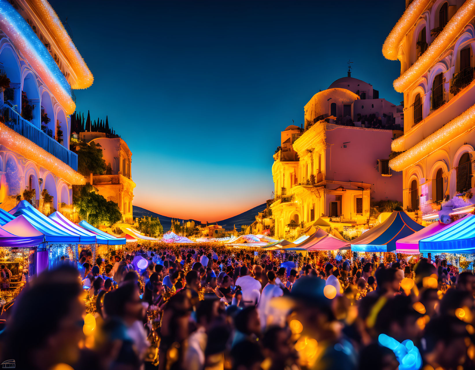 Lively outdoor market at twilight with illuminated stalls and bustling crowd