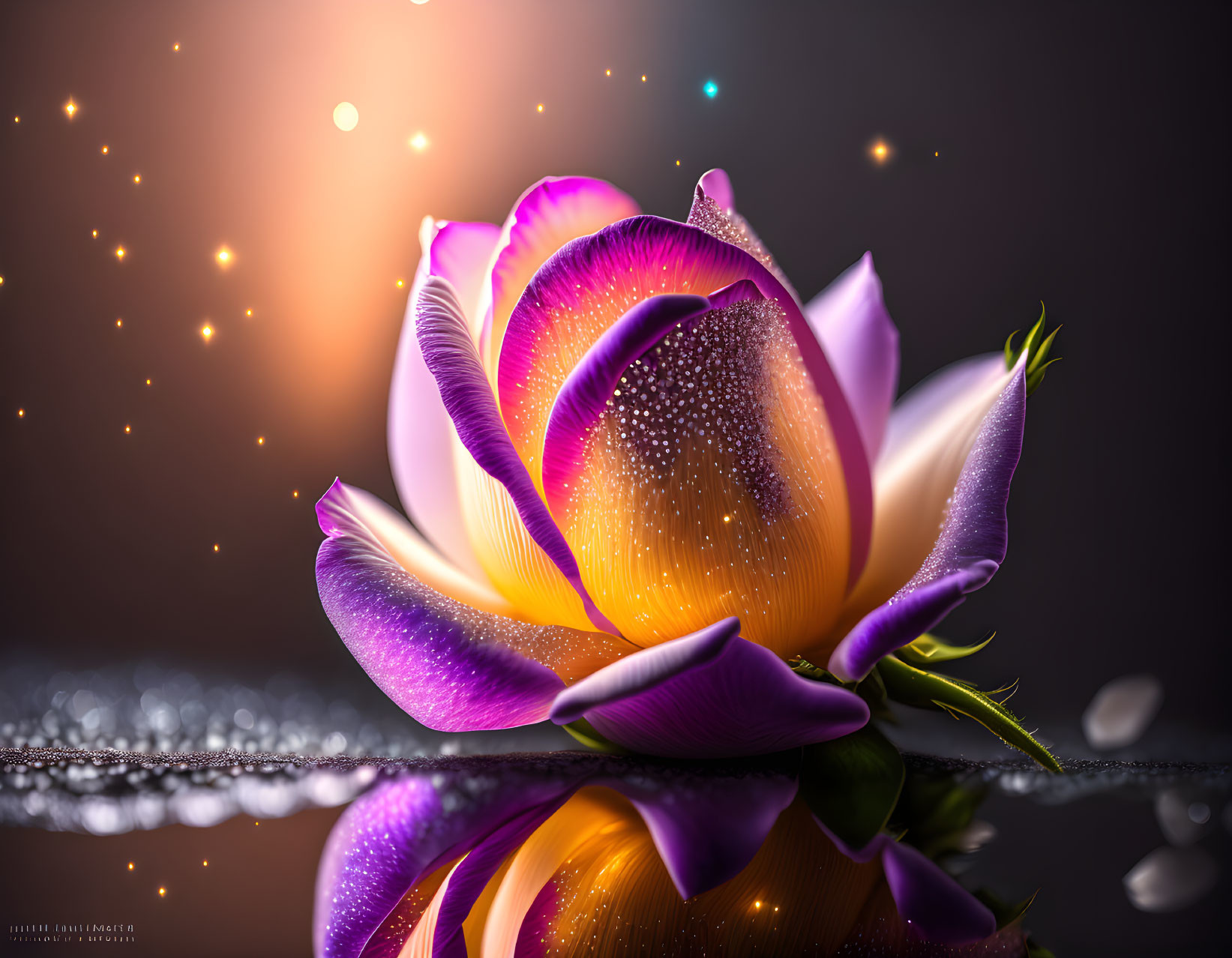 Vibrant purple flower with water droplets in soft light on dark backdrop