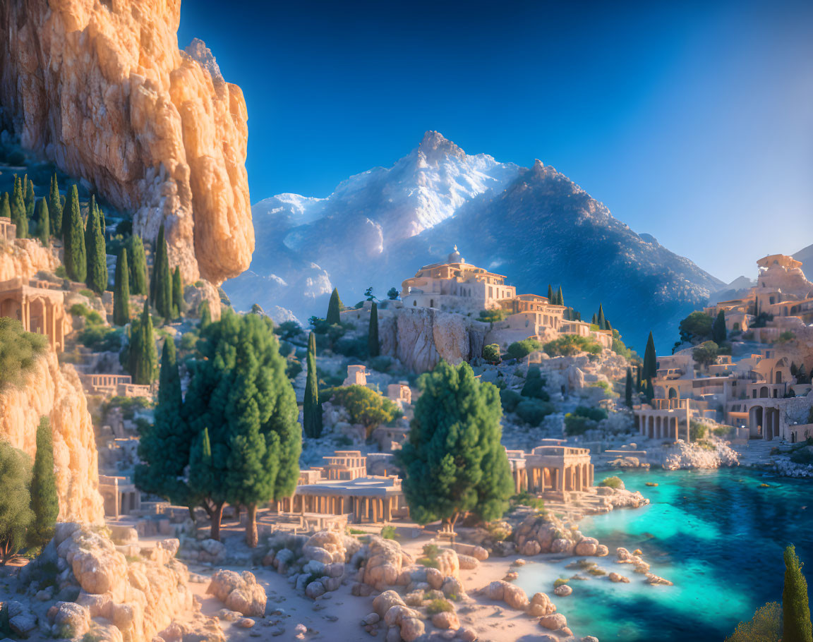 Traditional village near serene blue bay with rocky cliffs and snow-capped mountain