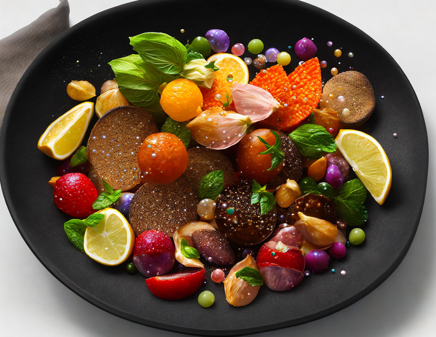 Vibrant gourmet foods: fruits, veggies, and edible flowers on black plate.