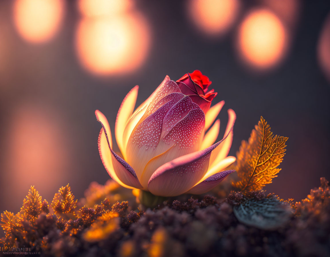 White and Pink Flower with Red Origami Crane in Warm Lighting