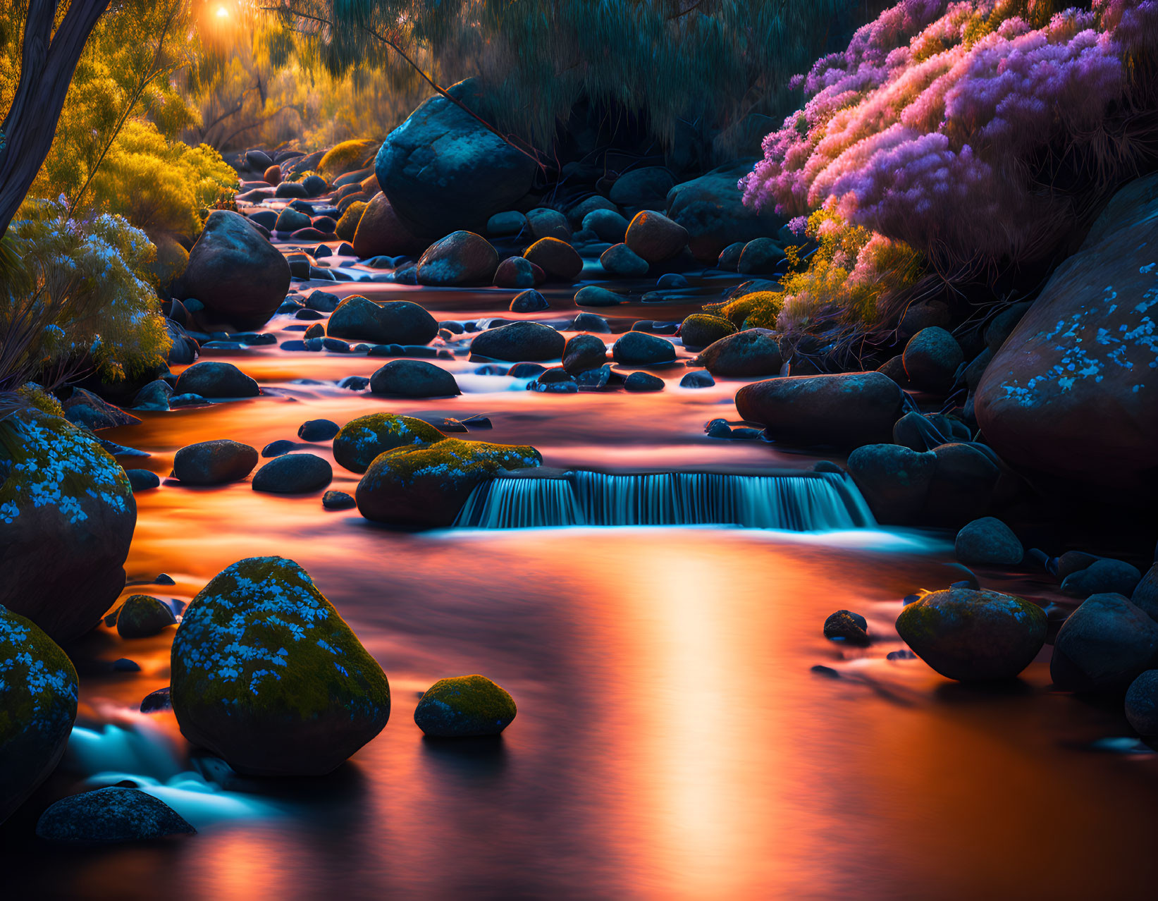 Tranquil stream with small waterfall, rocks, colorful flora in warm sunlight