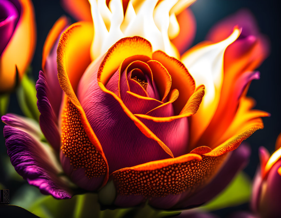 Close-up image: Rose with fiery glow effect on petals against dark background