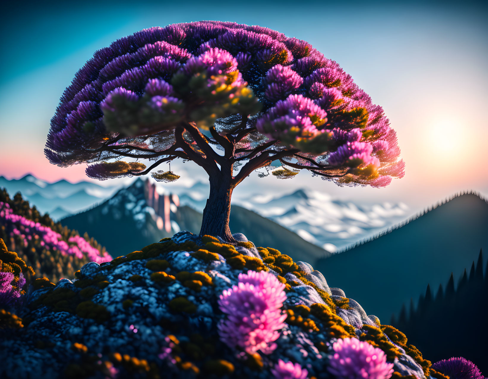 Pink Foliage Bonsai Tree on Mountain Peak at Sunset