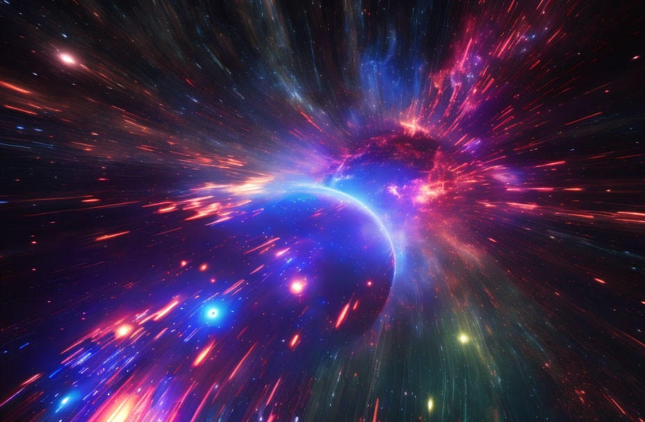 Vibrant blue and pink nebulae in high-speed interstellar scene