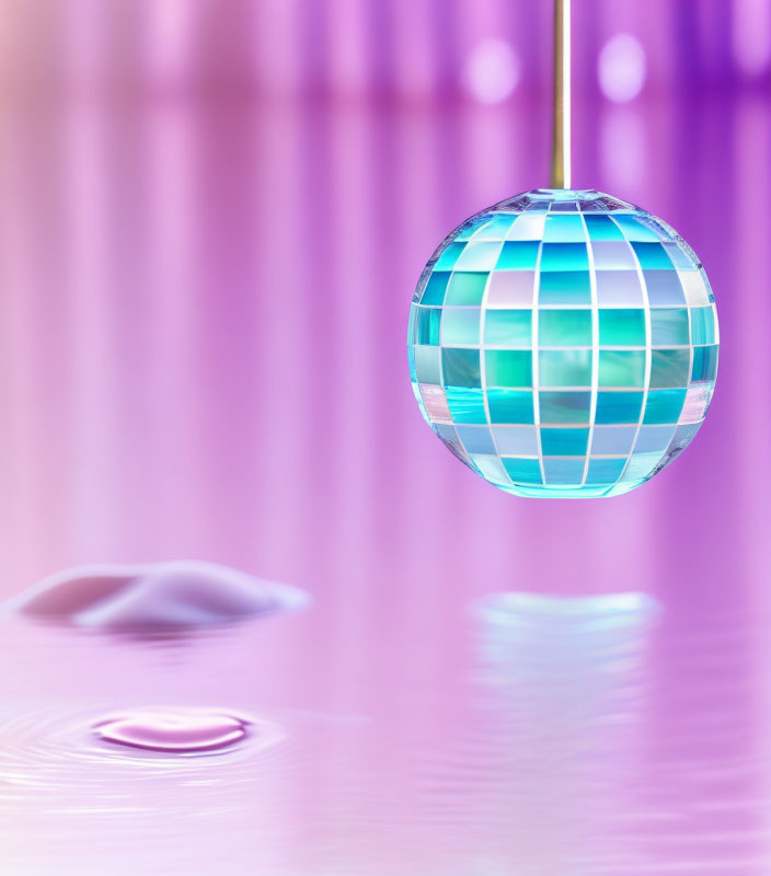 Shimmering disco ball with blue stripes above reflective purple surface