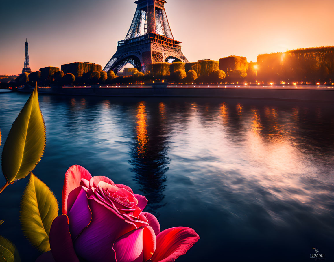 Vivid pink flower at sunrise with Eiffel Tower and Seine River