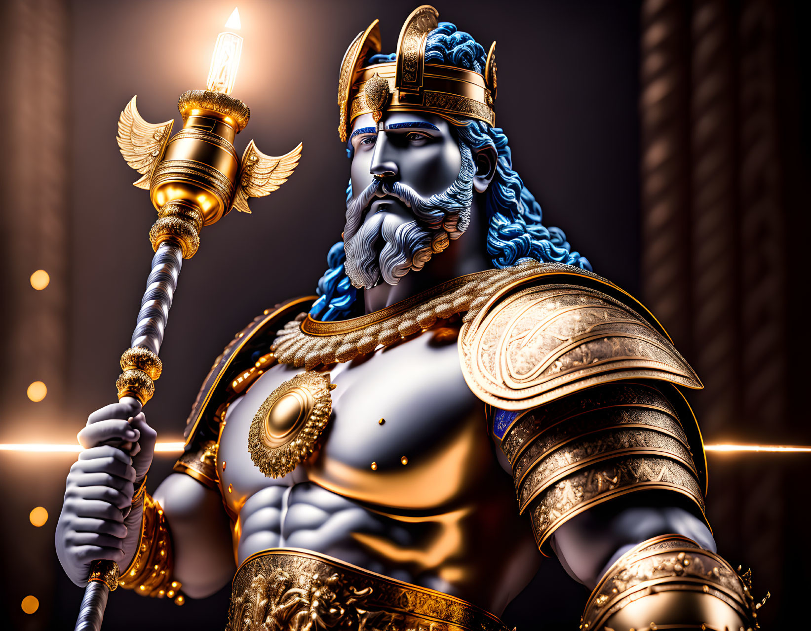 Armored figure with blue beard holding flame-topped scepter on bokeh-lit background