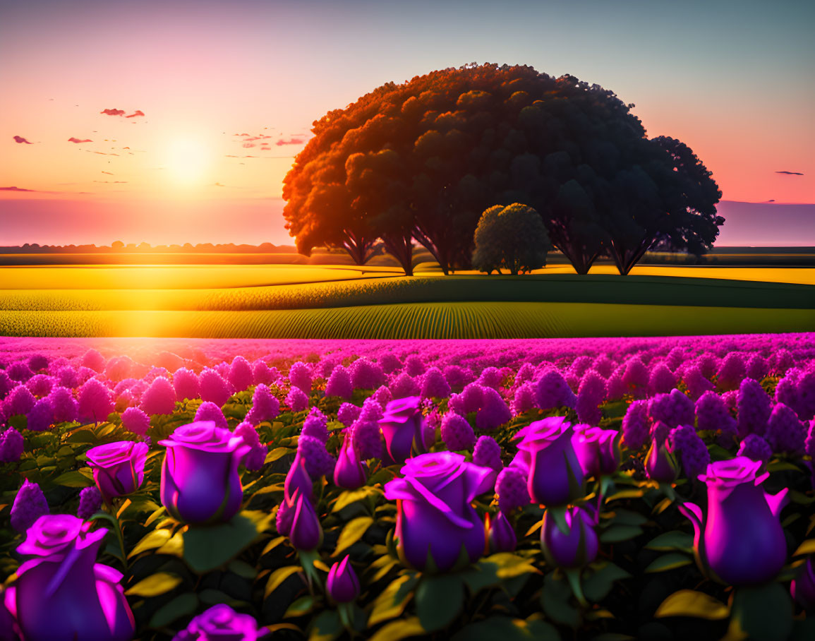 Colorful sunset scene with large tree and purple flowers.