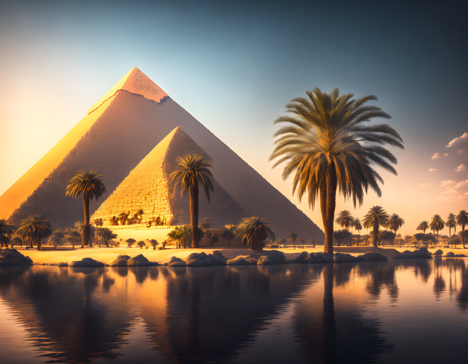 Great Pyramid of Giza at Sunset with Palm Trees and Reflections