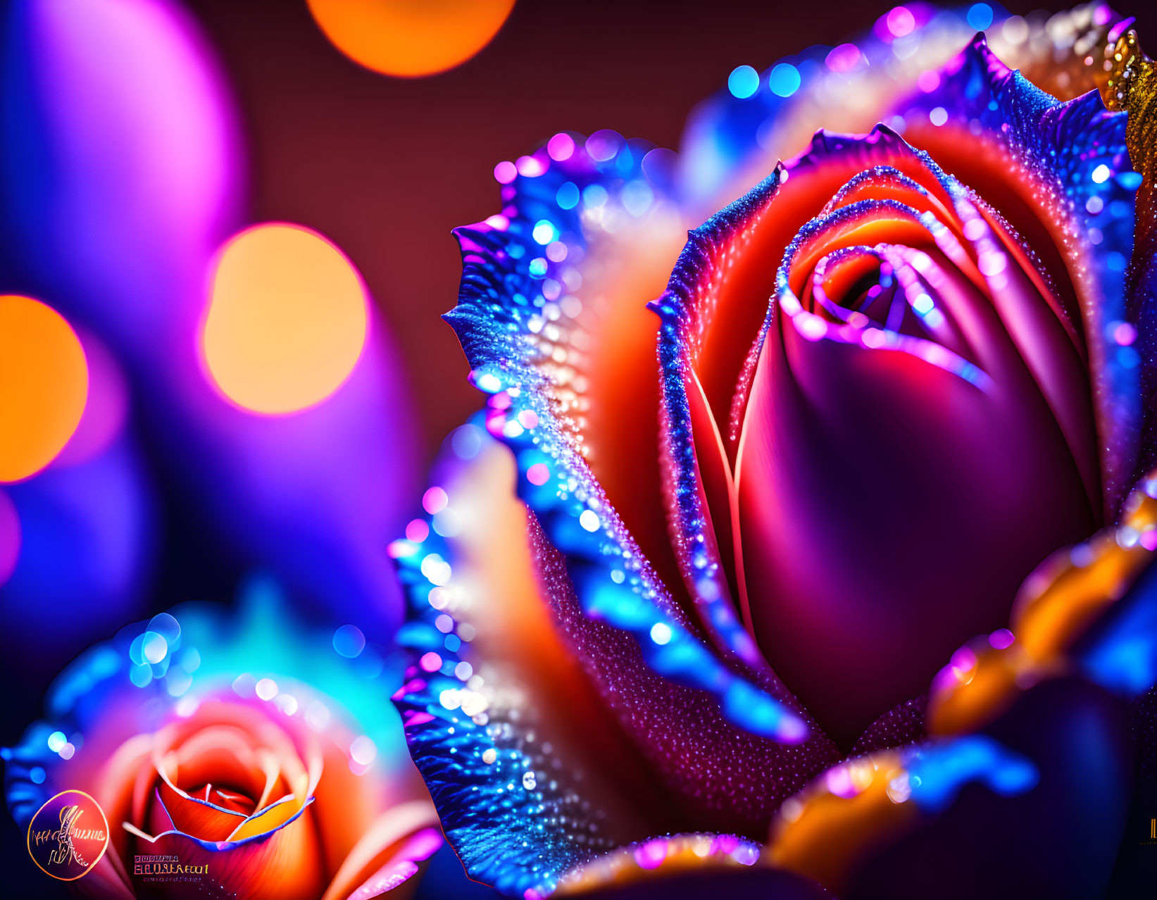 Close-Up Dew-Speckled Rose in Vibrant Orange and Blue Hues