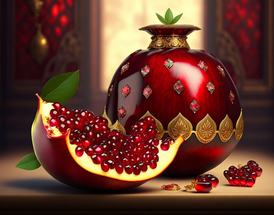 Red bejeweled pomegranate and sliced segment in lantern light