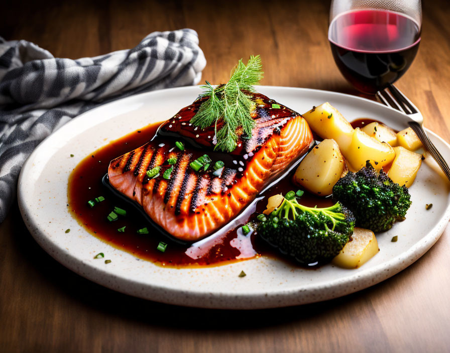 Grilled Salmon Fillet with Herbs, Potatoes, Broccoli, and Red Wine on Wooden