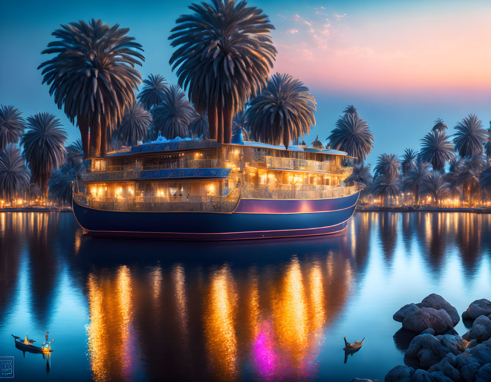 Vintage-style illuminated riverboat at twilight with palm trees reflected on calm water