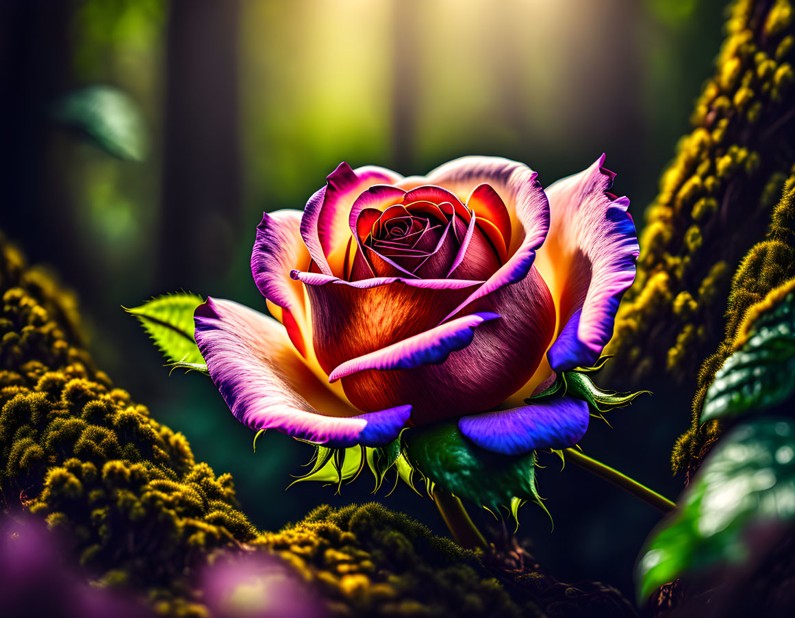 Multicolored rose with red, purple, and yellow hues on soft-focus greenery background