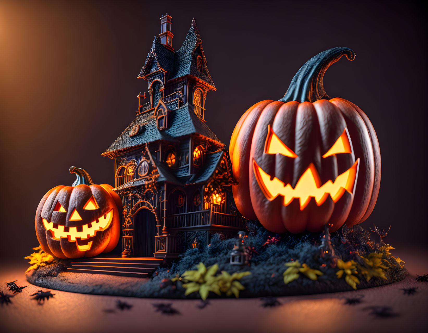 Spooky Halloween setup with jack-o'-lanterns, haunted house, autumn leaves, and insects